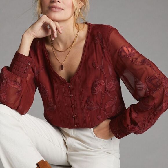 NWT Anthropologie Embroidered Floral Blouse - Picture 4 of 13